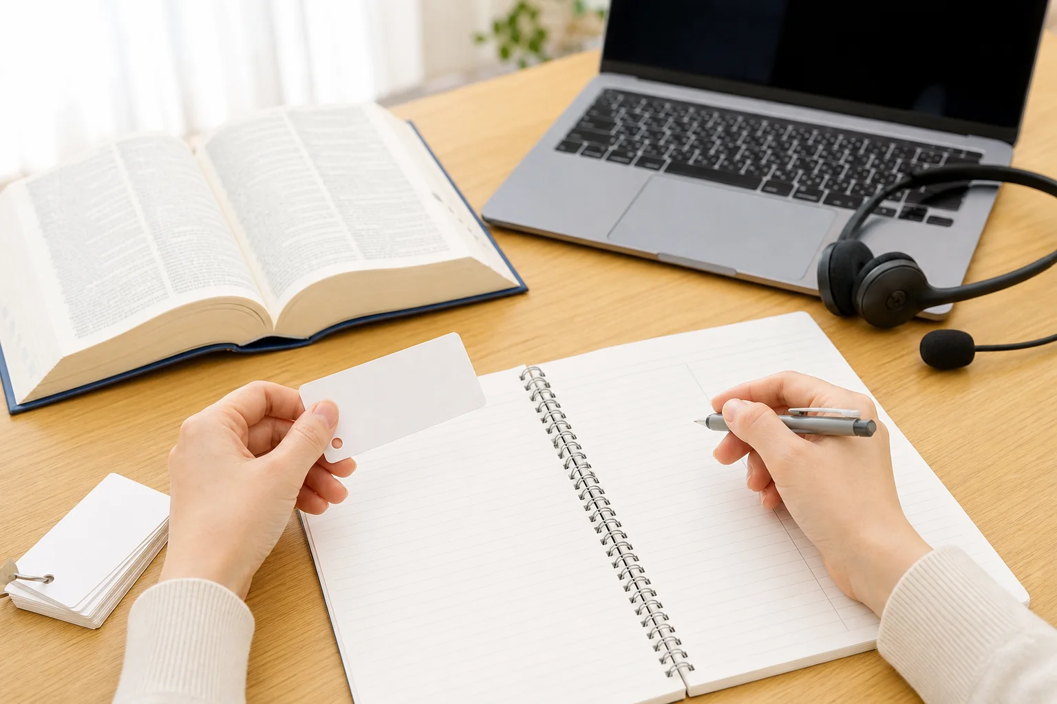英語のノートに第1文型と第2文型の例文を書き分けている手元