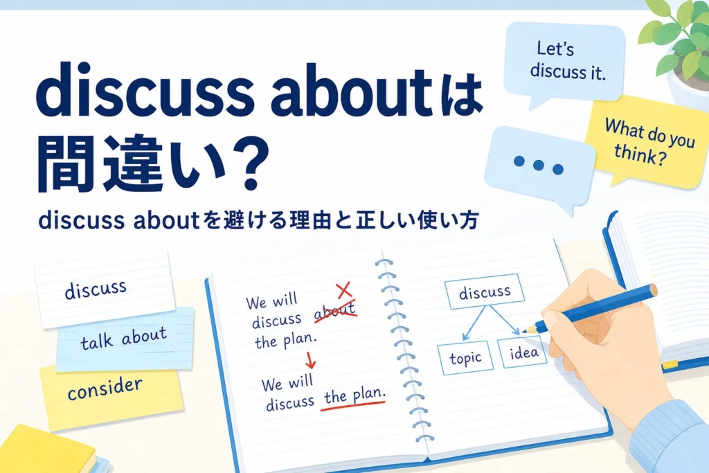 英語のノートと吹き出しカードが置かれた机と、discuss aboutの使い方を伝える記事タイトル