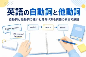 英語の例文カードとノートが並ぶ机と、英語の自動詞と他動詞の違いを示す記事タイトル