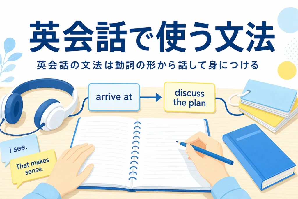 ノートとヘッドセットが置かれた机と、英会話で文法を使う練習法を紹介する記事タイトル