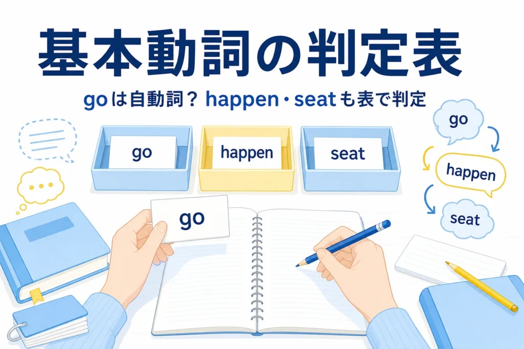基本動詞の単語カードを3つに仕分けた机と、go・happen・seatが自動詞か他動詞かを判定する記事タイトル
