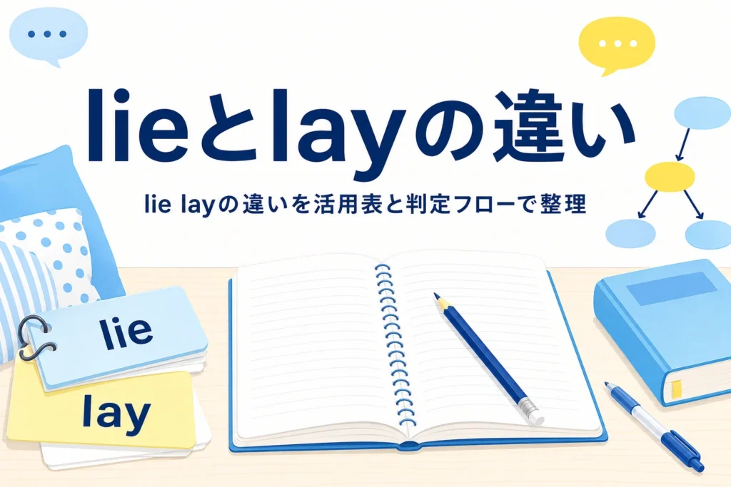 lieとlayと書かれた単語カードとノートが置かれた机と、lieとlayの違いを示す記事タイトル