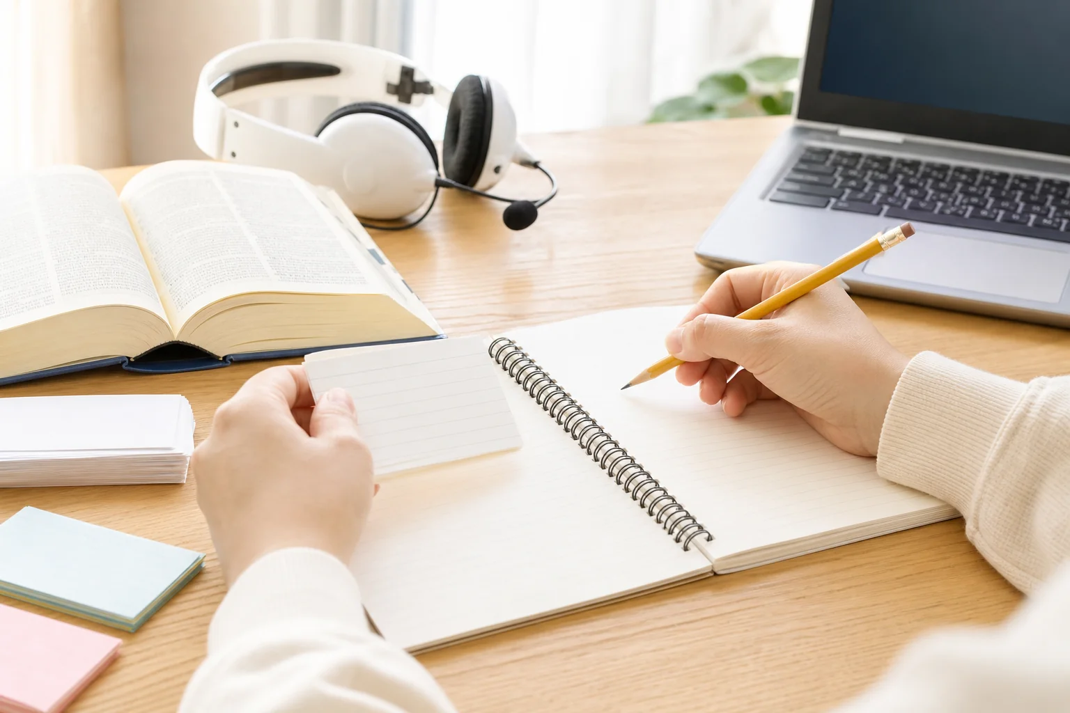 英語のノートと単語カードが並ぶ机で例文を書き出している手元