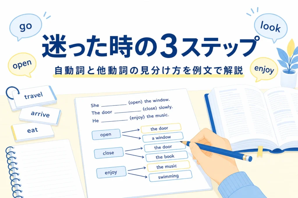 英語の問題プリントと辞書の手元と、自動詞と他動詞の見分け方を3ステップで解説する記事タイトル