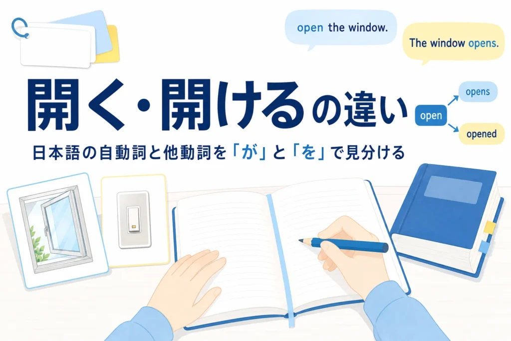 ノートと窓・スイッチのイラストカードが置かれた机と、日本語の自動詞と他動詞の違いを伝える記事タイトル