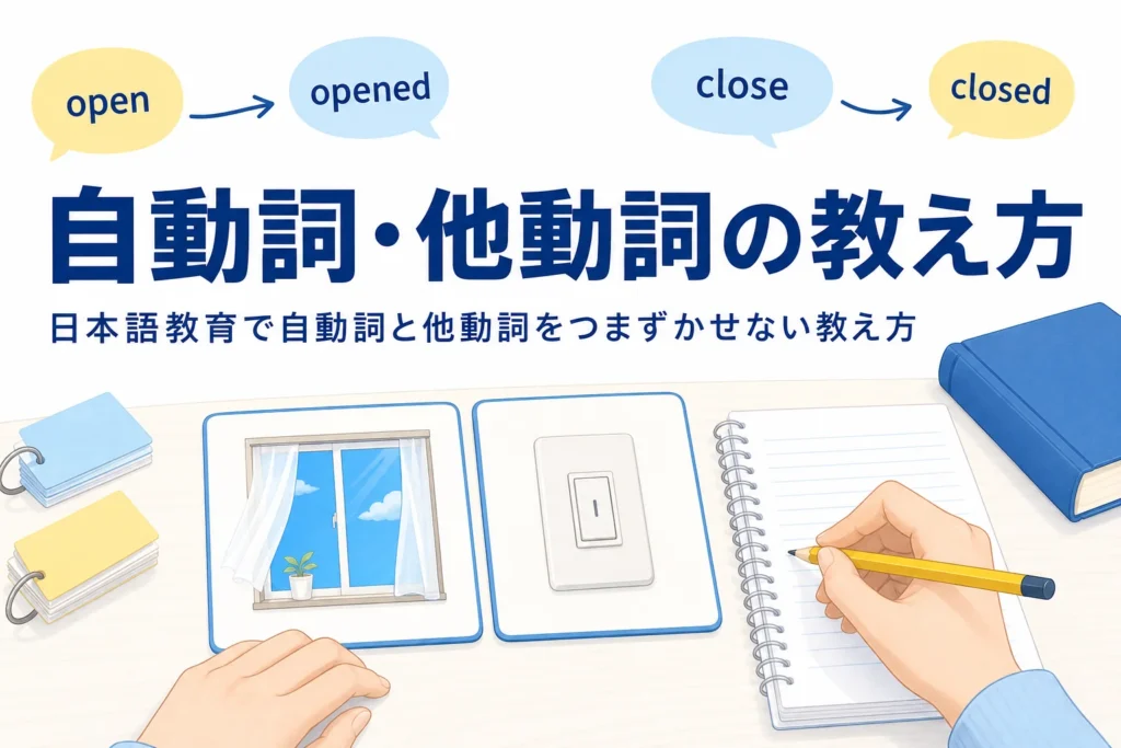 絵カードとノートが置かれた教室の机と、日本語教育での自動詞・他動詞の教え方を伝える記事タイトル