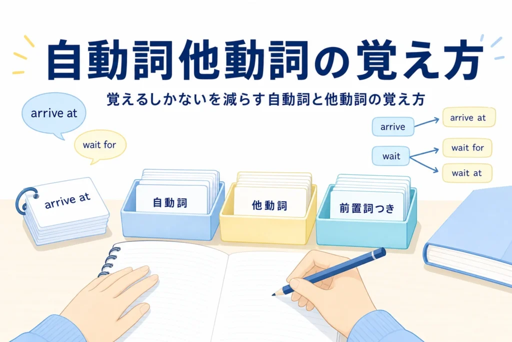 英単語カードを3つに仕分けた机と、自動詞と他動詞の覚え方を解説する記事タイトル