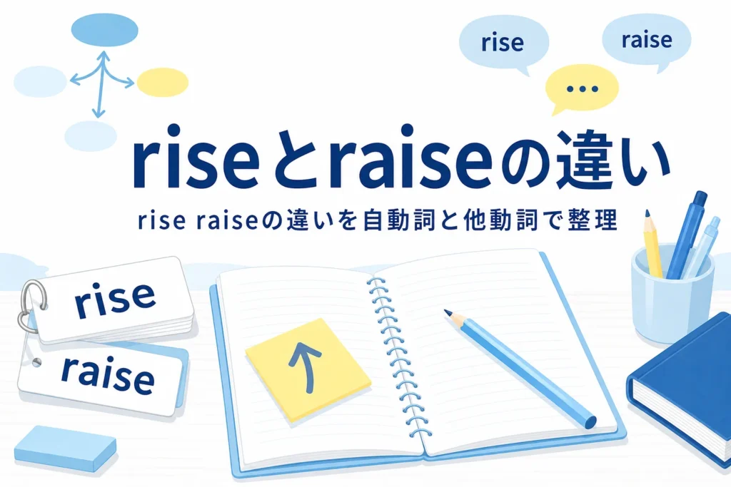 riseとraiseと書かれた単語カードとノートが置かれた机と、riseとraiseの違いを示す記事タイトル