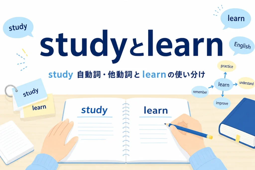 英語のノートと単語カードが置かれた机と、studyとlearnの使い分けの記事タイトル