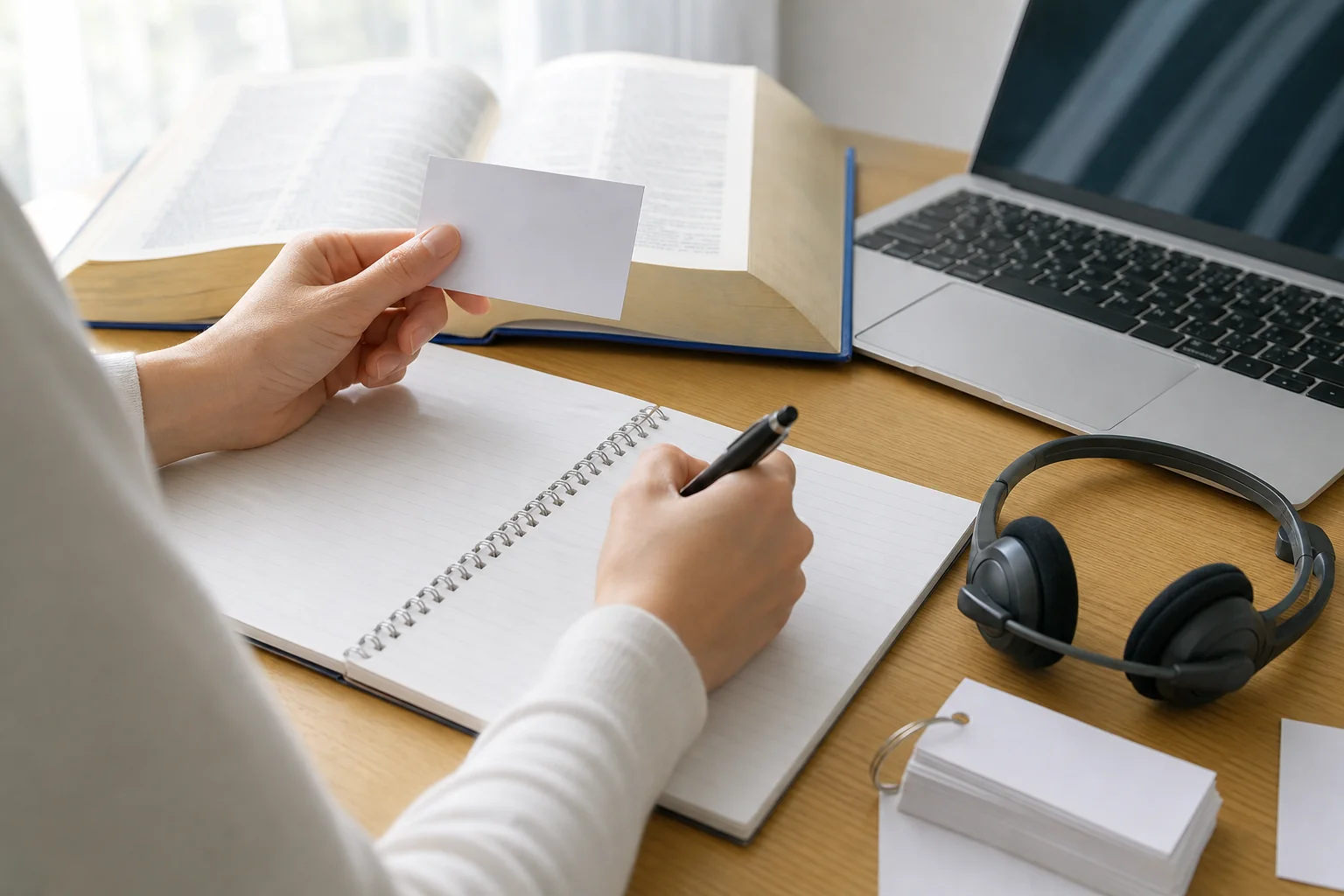 英語のノートに他動詞と目的語のかたまりを書き出している手元