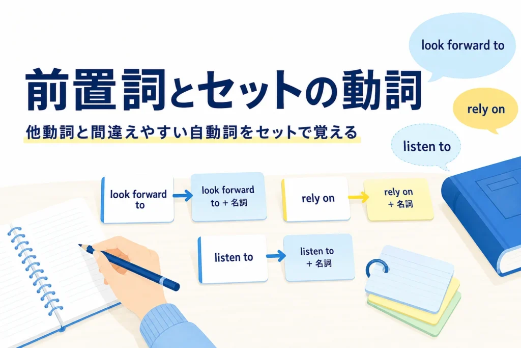 前置詞とセットの単語カードが並ぶ机と、他動詞と間違えやすい自動詞の記事タイトル