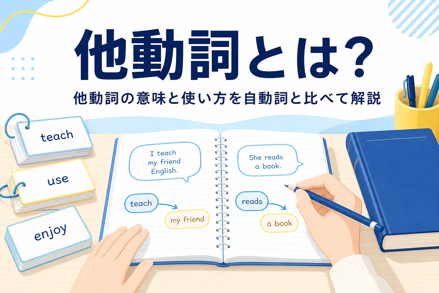 英語ノートと単語カードが置かれた机と、他動詞の意味と使い方を解説する記事タイトル