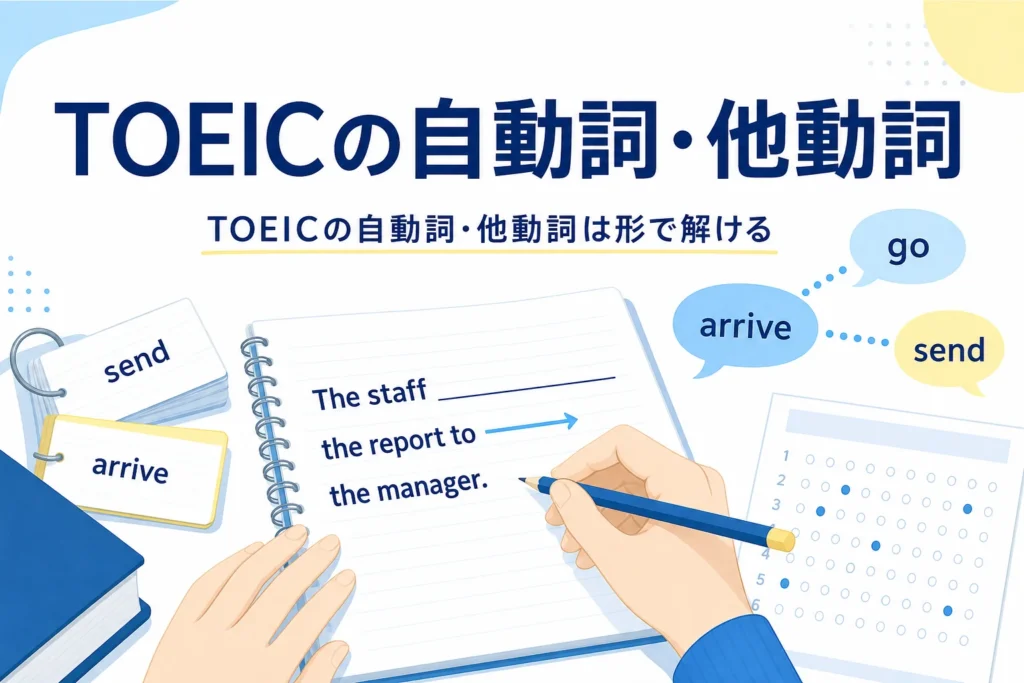 英語の穴埋め問題のノートとマークシートに、TOEICで問われる自動詞と他動詞を解説する記事タイトル