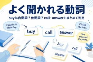 buyやcallの単語カードが並ぶ机と、よく聞かれる動詞が自動詞か他動詞かをまとめた記事タイトル
