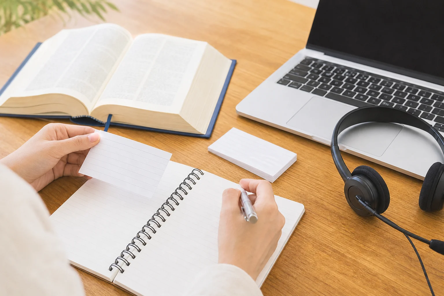 英語のノートに buy や call などのよく聞かれる動詞の例文を書き出している手元